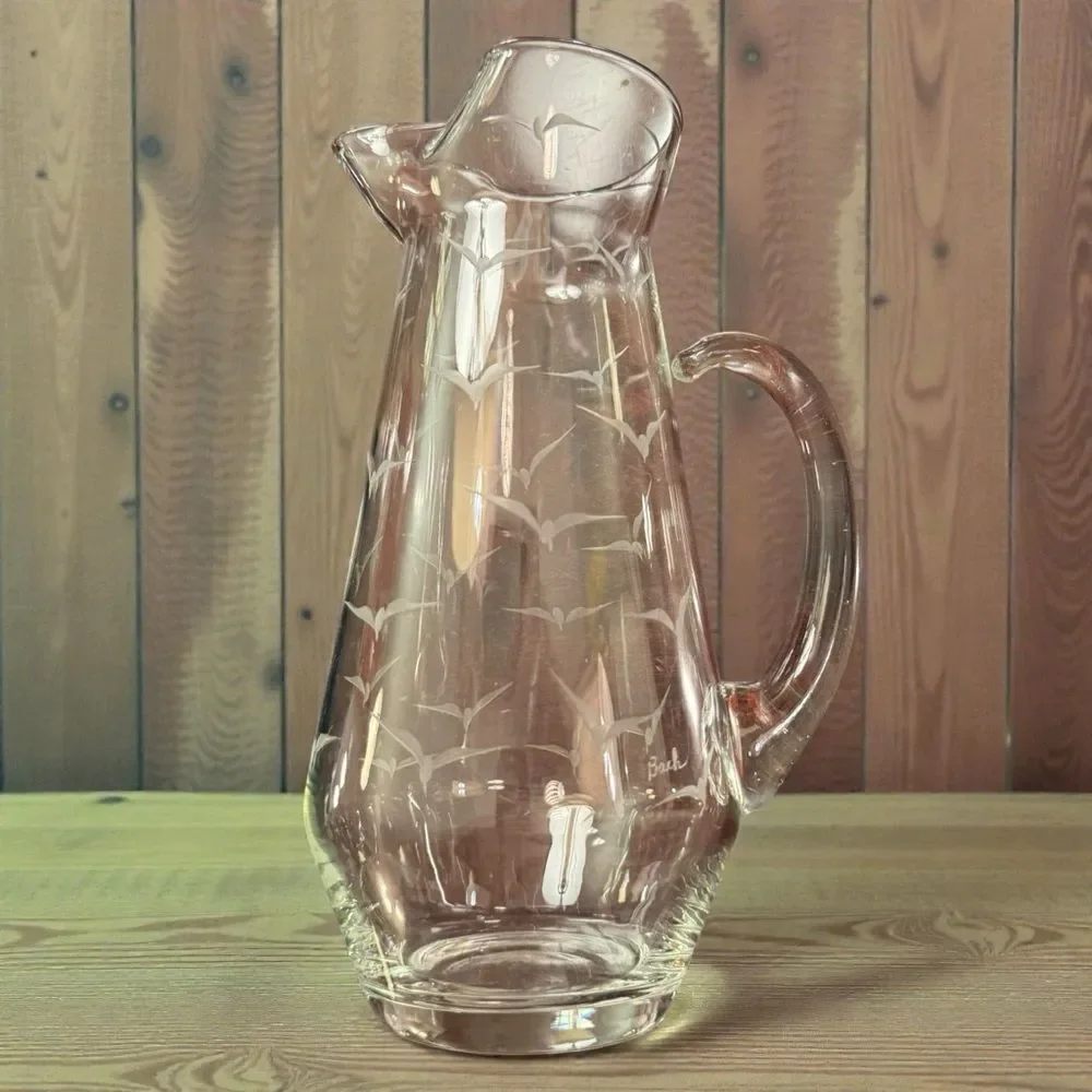 Vintage Mid Century Etched Glass Seagull Pitcher